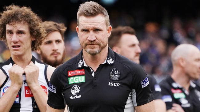 MELBOURNE, VICTORIA - SEPTEMBER 29:  Magpies head coach Nathan Buckley look dejected after defeat after their defeat  during the 2018 AFL Grand Final match between the Collingwood Magpies and the West Coast Eagles at Melbourne Cricket Ground on September 29, 2018 in Melbourne, Australia.  (Photo by Michael Dodge/AFL Media/Getty Images)