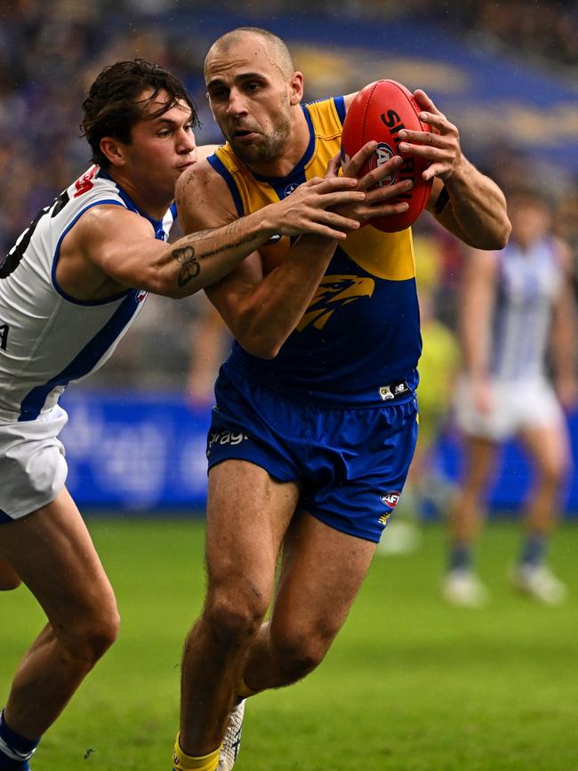 Does premiership hero Dom Sheed have a future at the Eagles? Picture: Daniel Carson/AFL Photos via Getty Images.