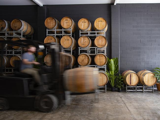 Some of the 100 wine barrels at City Winery in Fortitude Valley.