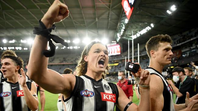 Jack Ginnivan of the Magpies had plenty to cheer about. Photo by Quinn Rooney/Getty Images.