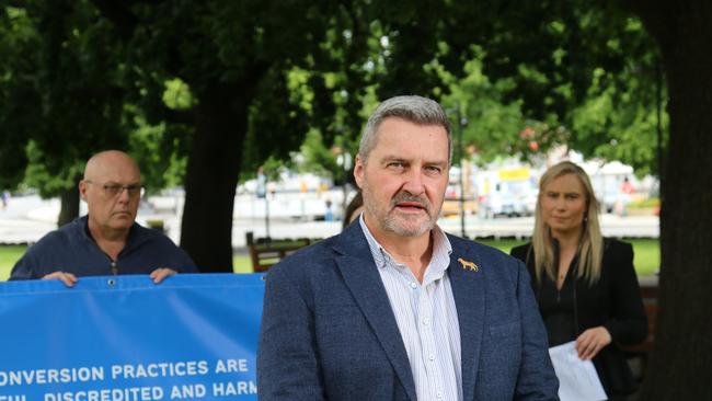 Rodney Croome from Equality Tasmania speaks to the media about conversion therapy on Parliament Lawns on Thursday, November 24, 2022.