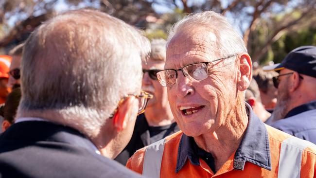 Prime Minister Anthony Albanese and Whyalla Steelworks worker Noel Goldsworthy. Noel has worked at the Whyalla Steelworks for over five decades. Picture: NewsWire / Tim Joy