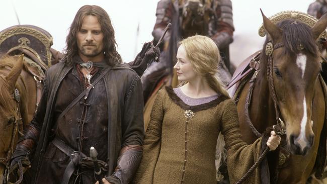 Actor Viggo Mortensen with Miranda Otto in scene from film "The Lord of the Rings: The Two Towers".