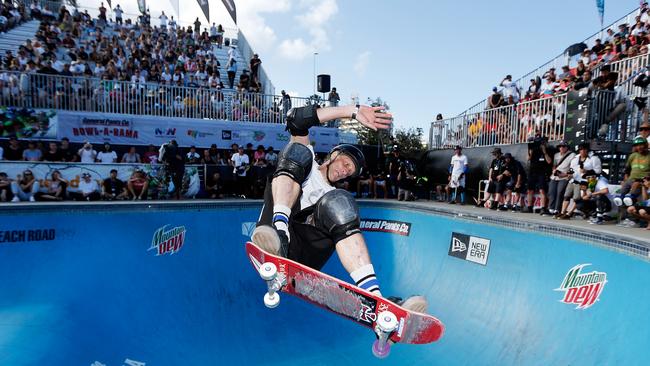Tony Hawk competes in BOWL-A-RAMA at Bondi Beach in Sydney, Australia. Picture: Zak Kaczmarek/Getty Images