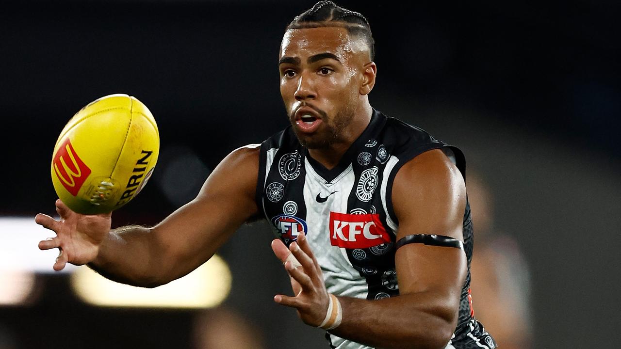 Isaac Quaynor drove the Pies forward all night. Picture: Getty Images