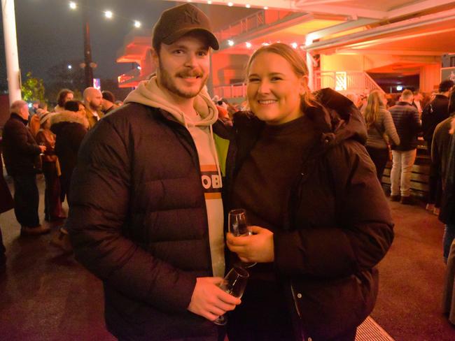 Damien and Alycia at the Whisky, Wine and Fire Festival 2024 at the Caulfield Racecourse. Picture: Jack Colantuono