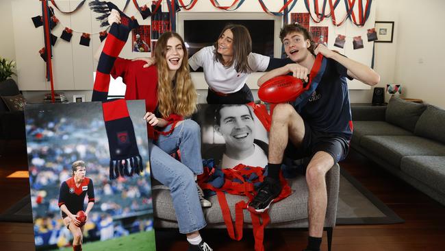 Sam Stynes and her children with Jim Stynes - Matiesse, 20, and Tiernan, 16 - were cheering on the Demons. Picture: Alex Coppel