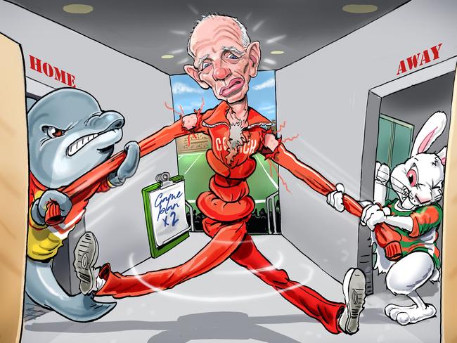Wayne Bennett in a tug-of-war with his two clubs, the Dolphins and Rabbitohs. Art: Boo Bailey