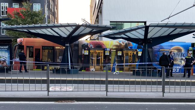 A tram being forensically tested near University of Melbourne on Thursday morning. Picture: 3AW