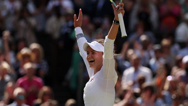 Barbora Krejcikova celebrates winning Championship point against Jasmine Paolini at Wimbledon 2024 in London, England. Picture: Getty Images