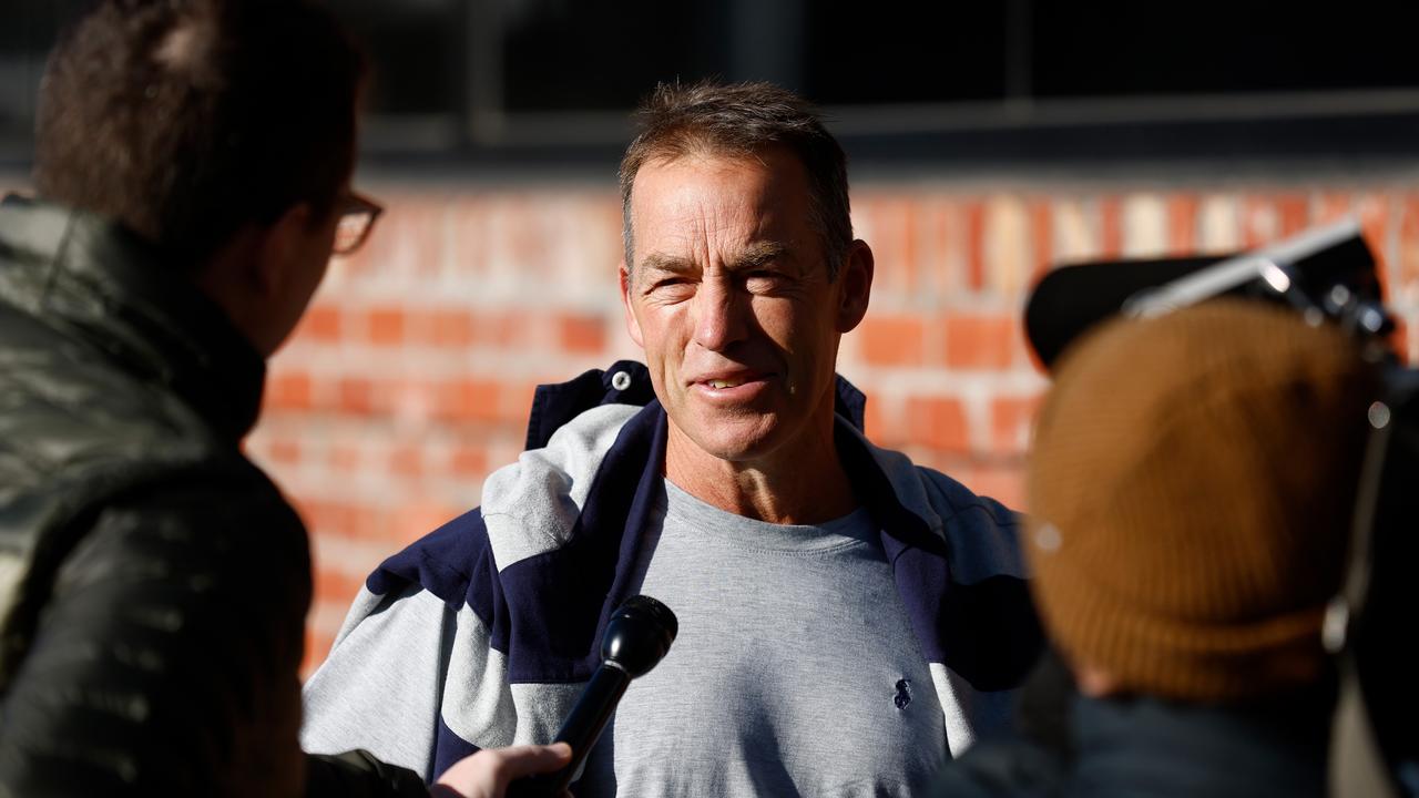 MELBOURNE, AUSTRALIA - JULY 18: Alastair Clarkson, Senior Coach of the Kangaroos speaks with media at Arden Street on July 18, 2023 in Melbourne, Australia. (Photo by Michael Willson/AFL Photos via Getty Images)