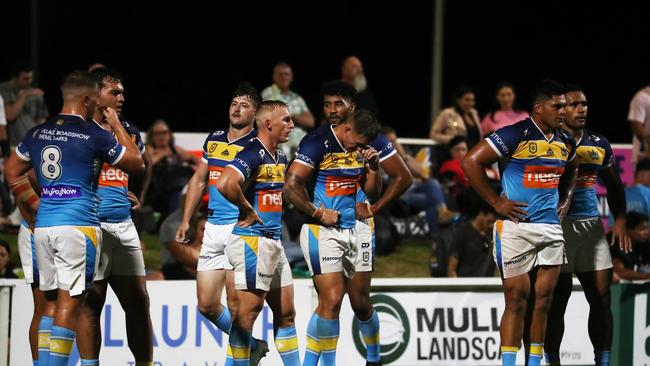 Gold Coast Titans players dejected after conceding a try to Burleigh Bears during a pre-season trial at Pizzey Park. February 20, 2021. Photo Jason O'Brien