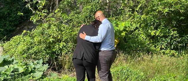 Greg Jenkins and sister Jen Bowen comfort each other during the Malaysian Coroner’s visit to the construction site in Penang where Mr Jenkins discovered his mother Anna’s remains. Picture: Greg Jenkins.