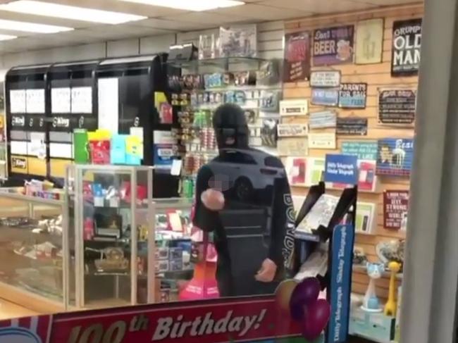 An armed robber finds themselves in a sticky situation after quick-thinking staff locked him inside after they pulled out a knife and threatened them at a Condell Park tobacconist. Picture: Instagram