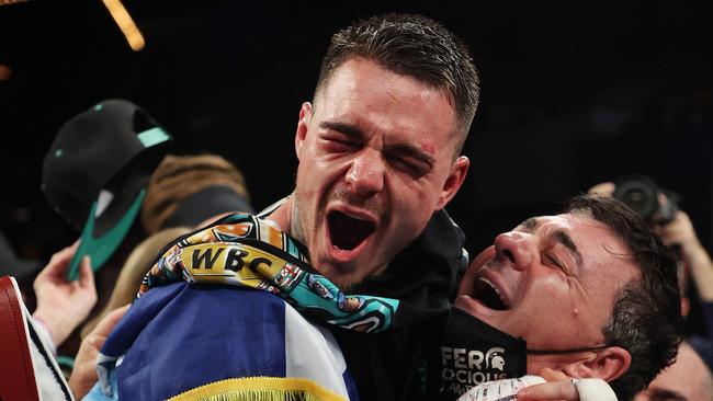 Kambosos celebrates his split decision win against Teofimo Lopez in New York. Picture: Getty Images