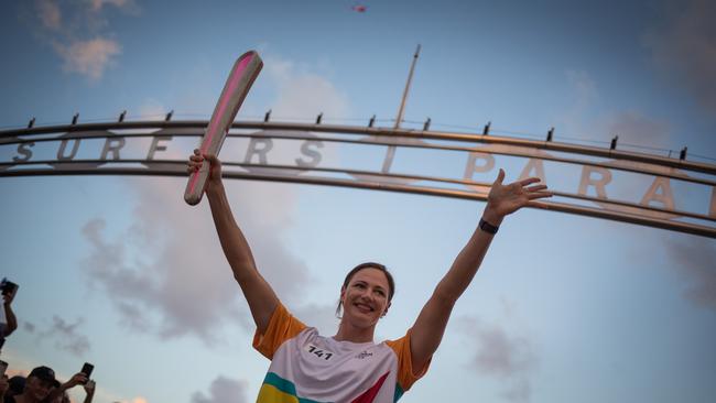 The Queen's Baton, carried by batonbearer Cate Campbell, in Surfers Paradise. Picture: Jeremy Sutton-Hibbert