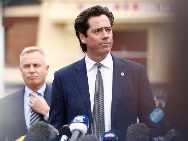 HOBART, AUSTRALIA - MAY 03: Gillon McLachlan, Chief Executive Officer of the AFL speaks with media during the AFL Tasmanian Team Announcement at North Hobart Oval on May 03, 2023 in Hobart, Australia. (Photo by Michael Willson/AFL Photos via Getty Images)