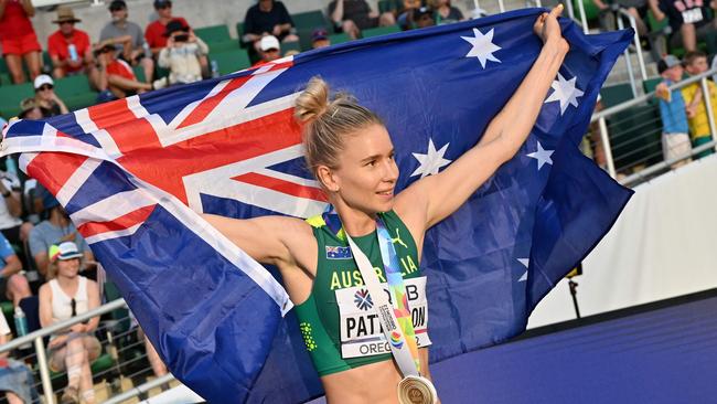 Eleanor Patterson celebrates her gold medal win at the World Athletics Championships.