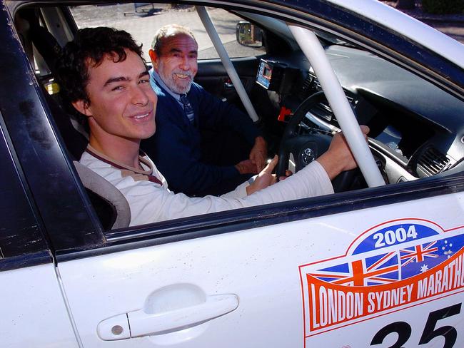 Josh and Brian Hilton senior having just competed in the London to Sydney car rally in 2004. Picture: Peter Clark