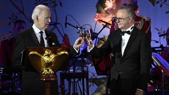 US President Joe Biden and Anthony Albanese toast during a State Dinner at the South Lawn of White House in Washington in October. Photo – AFP.