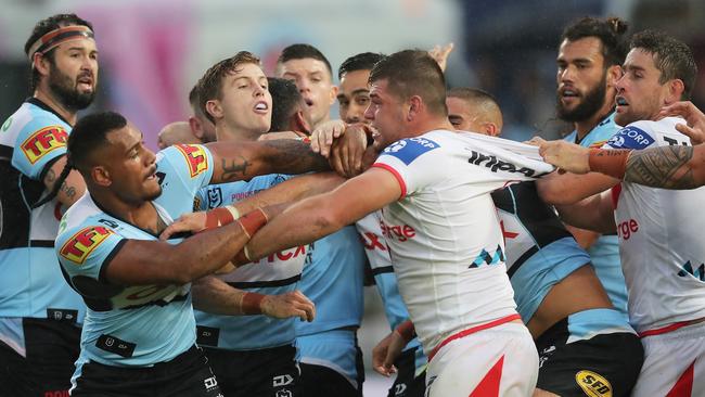 SYDNEY, AUSTRALIA - MARCH 14: Players scuffle during the round one NRL match between the St George Illawarra Dragons and the Cronulla Sharks at Netstrata Jubilee Stadium, on March 14, 2021, in Sydney, Australia. (Photo by Matt King/Getty Images)