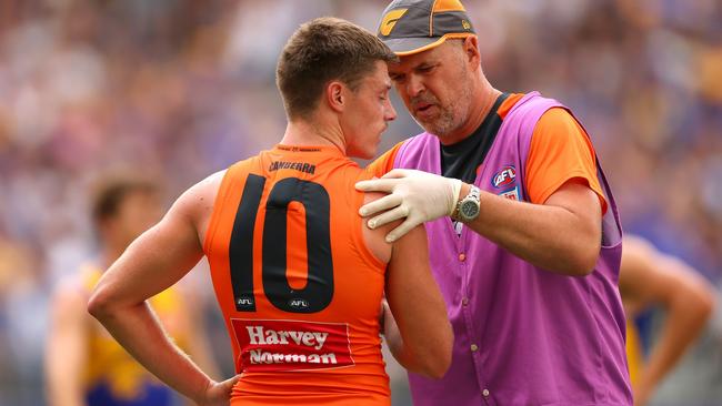 Unlucky Giants wingman Jacob Wehr could miss more than two months after fracturing his scapula against West Coast in Perth. Picture: Paul Kane / Getty Images