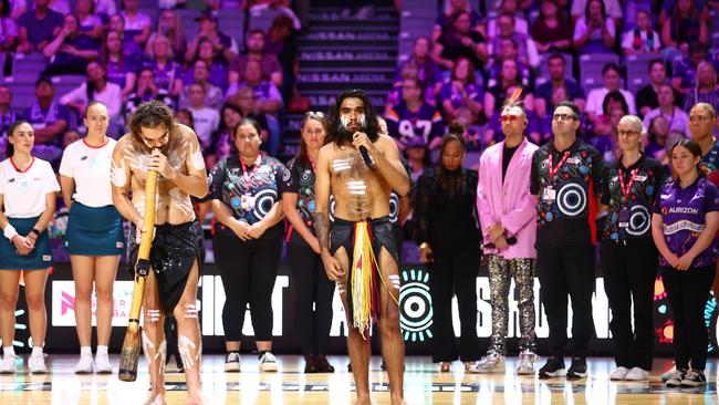 Welcome to Country during Super Netball in Brisbane. Picture: Chris Hyde/Getty Images