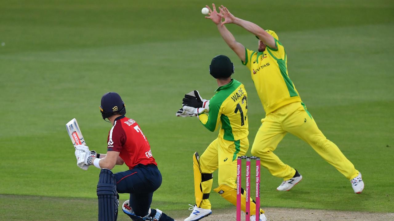 Aaron Finch reels in a great catch to help dismiss the Poms cheaply.