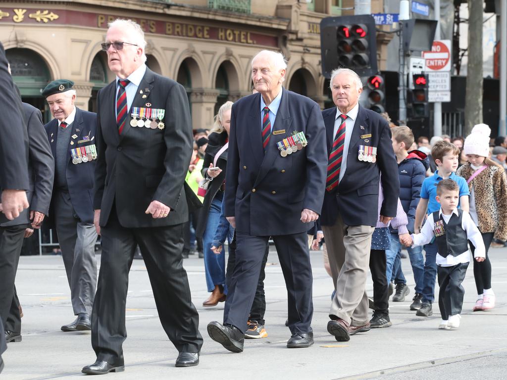 The parade makes its way to the Shrine of Rememberance. Picture: David Crosling