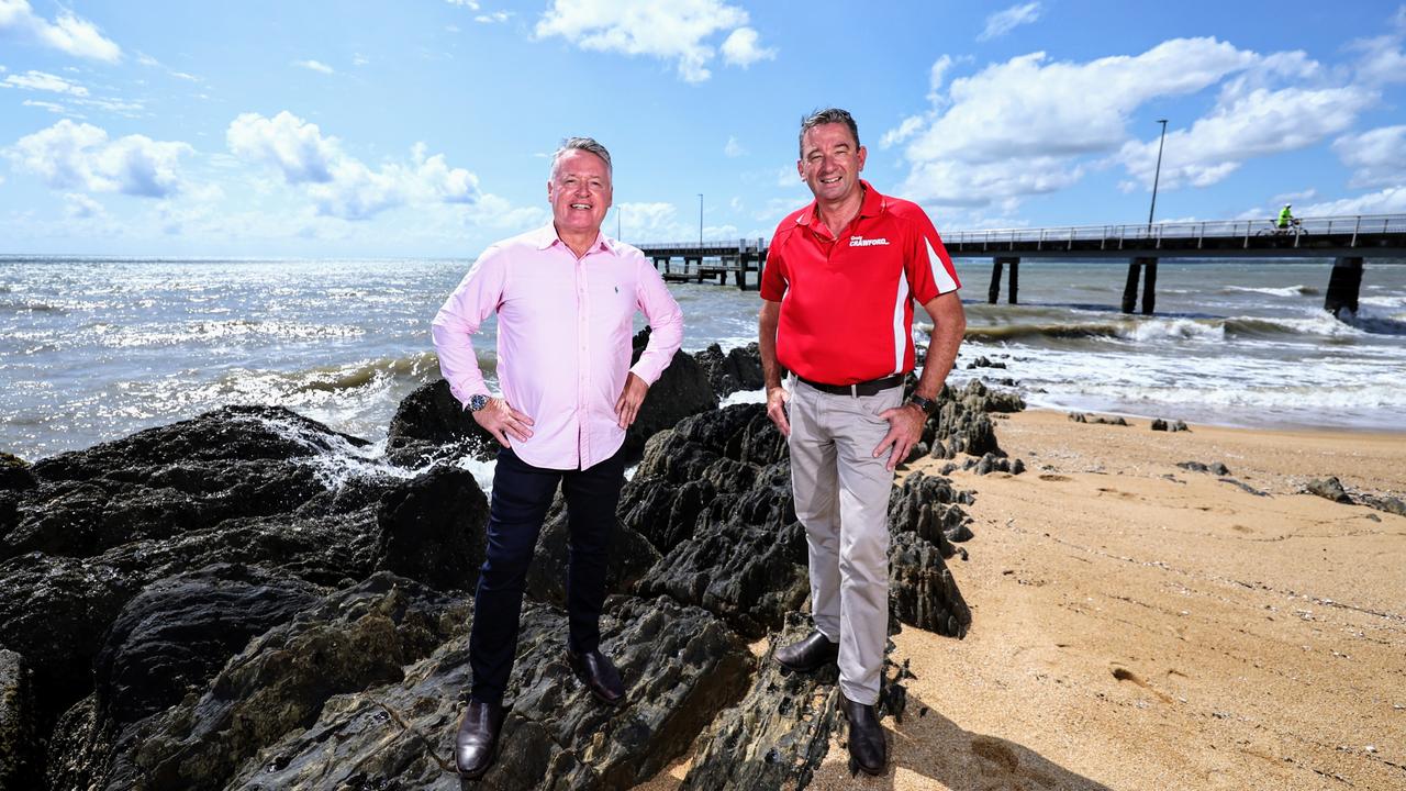 The Queensland Labor Party has committed $11.3 million to upgrade public boating and fishing facilities in Far North Queensland, should they be re elected to government. Member for Cairns Michael Healy and Member for Barron River Craig Crawford inspect the public jetty at Palm Cove, which will receive $1.2 million for breakwater and wave management. Picture: Brendan Radke