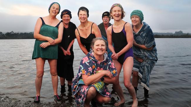 At front Melissa Pollard. Back L-R Victoria Preece, Jan Lepp, Vivar Convay, Scott Gordon, Valera Griffin, Lizzie Roarty who are some of the Franklin Frosties. Franklin Frosties cold water swimming group who head in each morning at Franklin at 7.45am year round. Picture: Nikki Davis-Jones