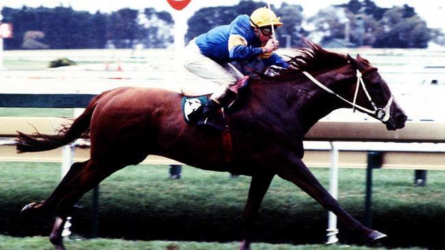 Brent Thomson riding Gurner’s Lane to victory in the 1982 Caulfield Cup.