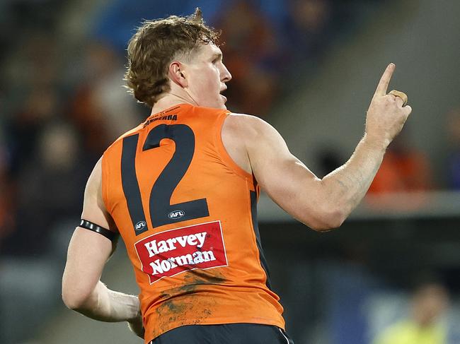 Giants Tom Green celebrates kicking a goal  during the AFL round 8 match between the GWS Giants and Western Bulldogs at Manuka Oval, Canberra on May 6, 2023.  Photo by Phil Hillyard(Image Supplied for Editorial Use only - **NO ON SALES** - Â©Phil Hillyard )