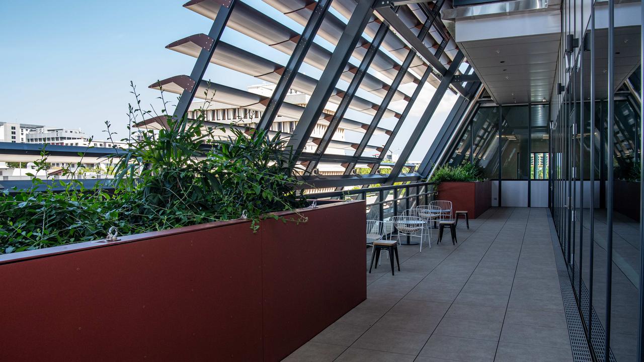 One of the balconies in the new building. Unique shade structures keep the area cool. Picture: Pema Tamang Pakhrin