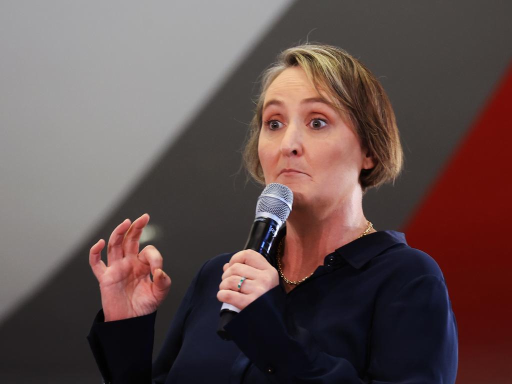 Qantas CEO Vanessa Hudson speaks during a press conference on the company’s half yearly profit results. Picture: Jenny Evans/Getty Images