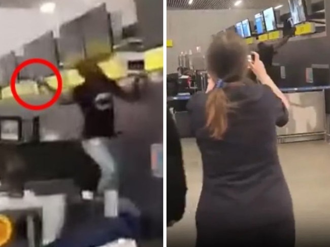 A furious passenger went on a terrifying hammer rampage at an airport after he was allegedly scammed