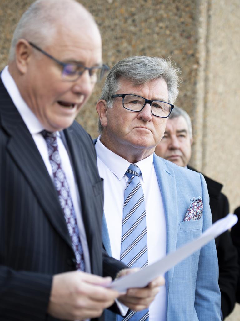 Solicitor Andrew O’Brien with Steve Barrett speaking to media after the charge against Barrett was dropped. Picture: NCA NewsWire/Monique Harmer