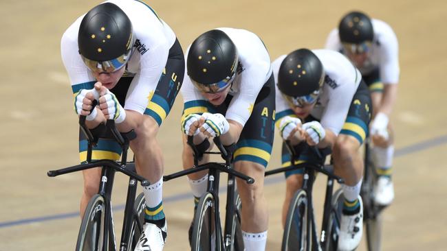 Australia’s men’s team pursuit on the way to breaking its own world record in Poland last week. Picture: Janek Skarzynski (AFP).