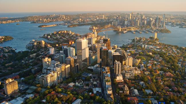 An aerial image of North Sydney with an artist’s impression of the Lendlease development above the Victoria Cross station.