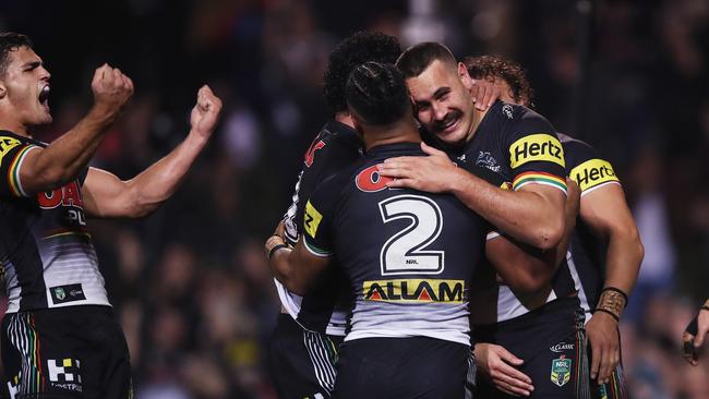 Nathan Cleary and the Panthers celebrate a Reagan Campbell-Gillard try. Picture. Phil Hillyard