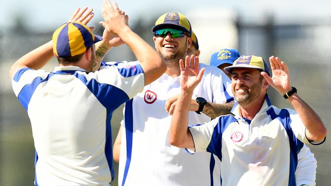 Pascoe Vale Central players celebrate a wicket. Picture: Josh Chadwick