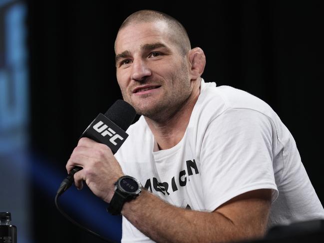 NEWARK, NEW JERSEY - MAY 30: Sean Strickland is seen on stage during the UFC 302 press conference at Prudential Center on May 30, 2024 in Newark, New Jersey. (Photo by Mike Roach/Zuffa LLC via Getty Images)