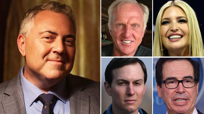 Australia's outgoing Ambassador to the United States will be farewelled by the likes of (clockwise, from top right) Ivanka Trump, US Treasury Secretary Steven Mnuchin, Trump senior advisor Jared Kushner and Australian golfing legend Greg Norman.