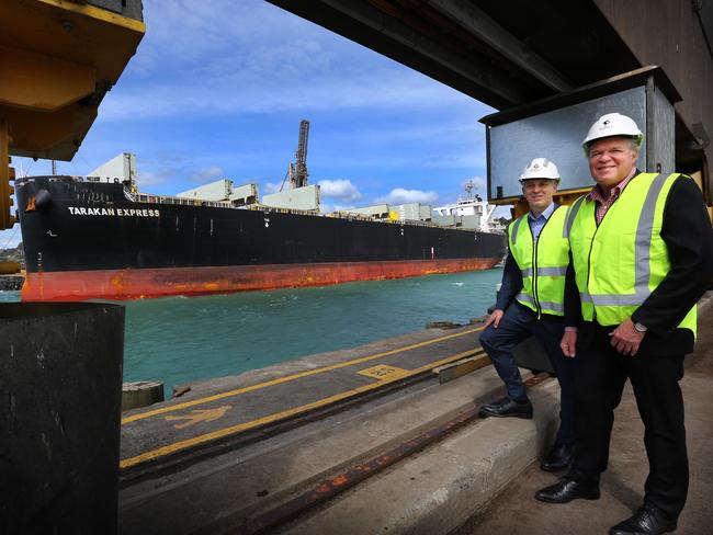 DP World Australia chief corporate development officer Brian Gillespie and TasPorts CEO Paul Weedon announcing the plan for a new international container terminal in Burnie last November. Picture: CHRIS KIDD