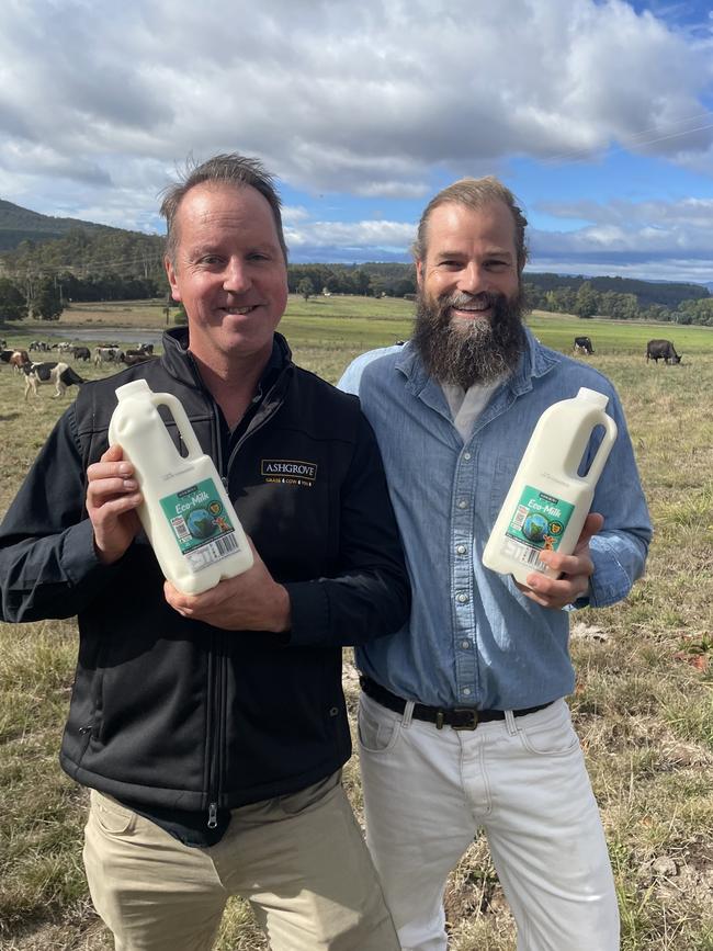 Ashgrove general manager Richard Bennett and Sea Forest founder and CEO Sam Elsom with the new Ashgrove Eco-Milk. Picture: Supplied