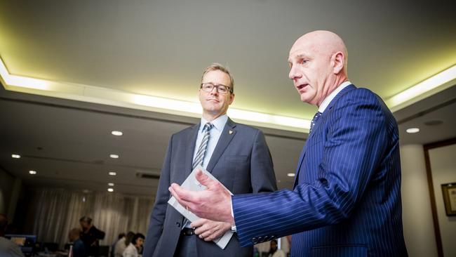 Premier Peter Gutwein walks around during the budget lockup. Picture: RICHARD JUPE