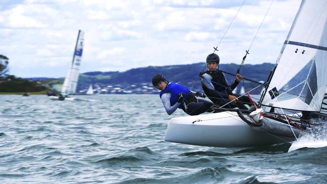 Will Cooley sailing on Lake Macquarie with Bec Hancock.