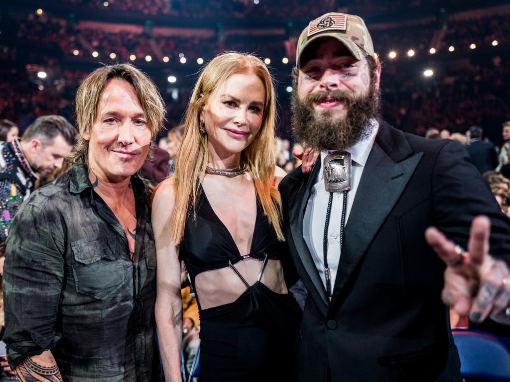 Keith Urban, Nicole Kidman and Post Malone attend the 57th Annual Country Music Association Awards in Nashville, Tennessee. Picture: John Shearer/Getty Images for CMA