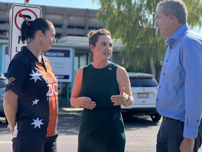 CLP Fannie Bay candidate Laurie Zio, Opposition Leader Lia Finocchiaro and Deputy Opposition Leader Gerard Maley. Picture: Fia Walsh.