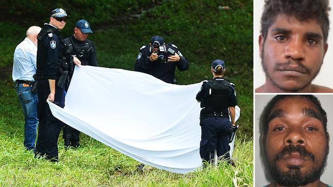 Police at the Townsville scene where two bodies, believed to be Hughie Morton (top right) and Troy Mathieson, were found.